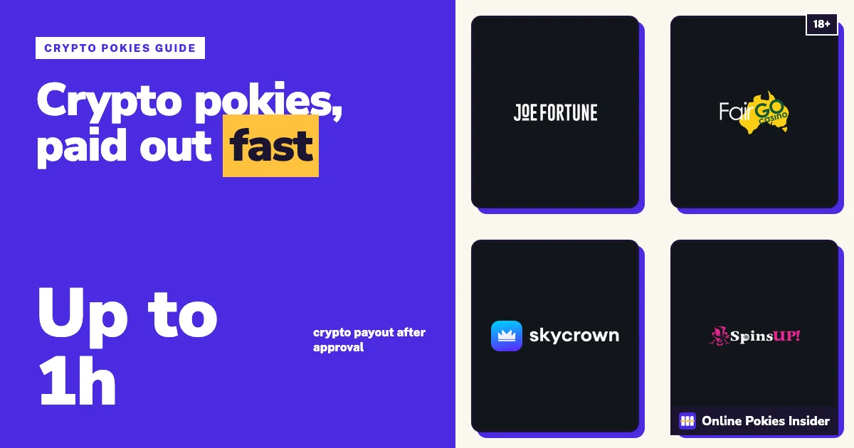 Colourful cover: crypto pokies guide showing Joe Fortune, Fair Go Casino, SkyCrown and SpinsUp logos