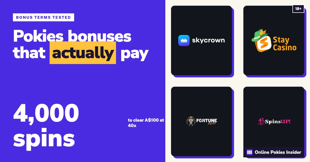 Colourful cover: pokies bonuses that actually pay, with SkyCrown, Stay Casino, FortunePlay and SpinsUp logos