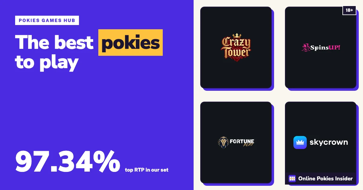 Colourful cover: best pokies to play online in Australia, top RTP 97.34%, with CrazyTower, SpinsUp, FortunePlay and SkyCrown logos