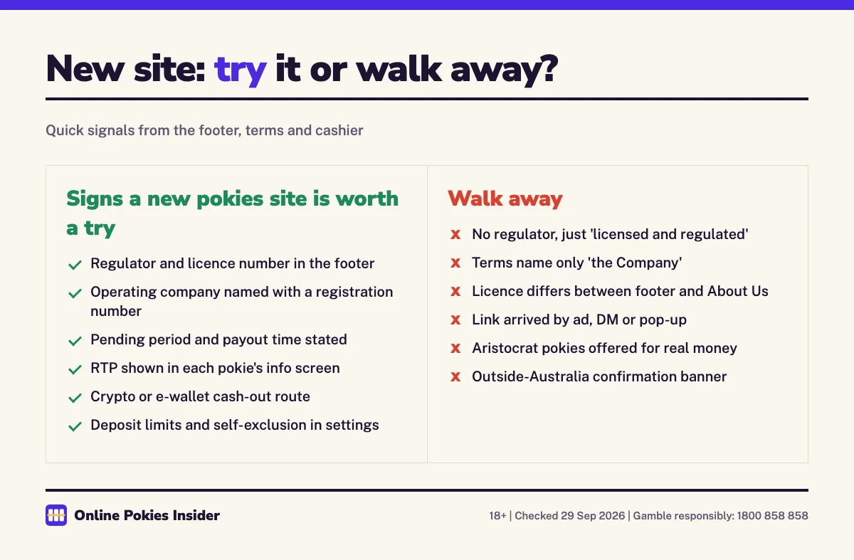 Split infographic comparing signs a new pokies site is worth a try against signs you should walk away